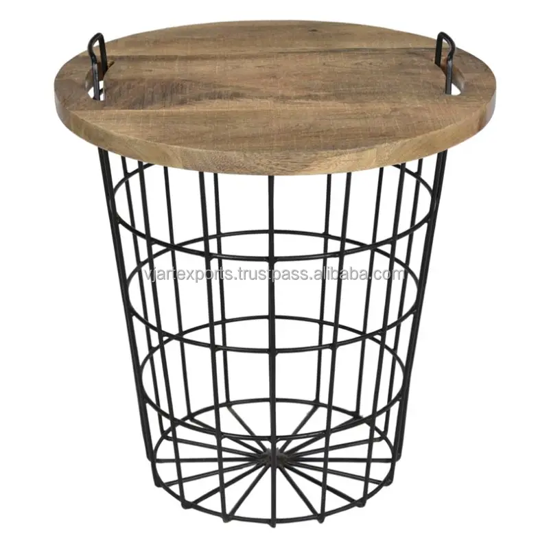 Contemporary Furniture Decorative Metal Wire Mesh Black Round Storage Basket With Wood Plate Mini Coffee Table