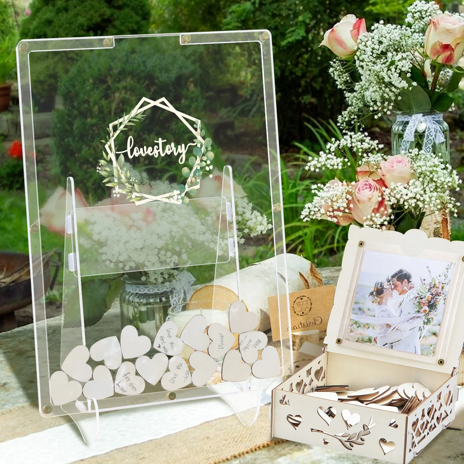 OurWarm Acrylic Guest Book Drop Box with Stand,100 Wooden Hearts and Marker Pen ,Wedding Guest Book Alternative, Reception