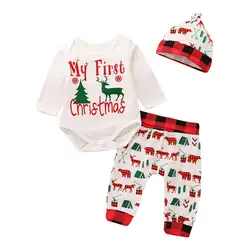 Newborn Baby Clothing Plaid 3 Pieces Set My First Christmas Cotton Baby Rompers Set