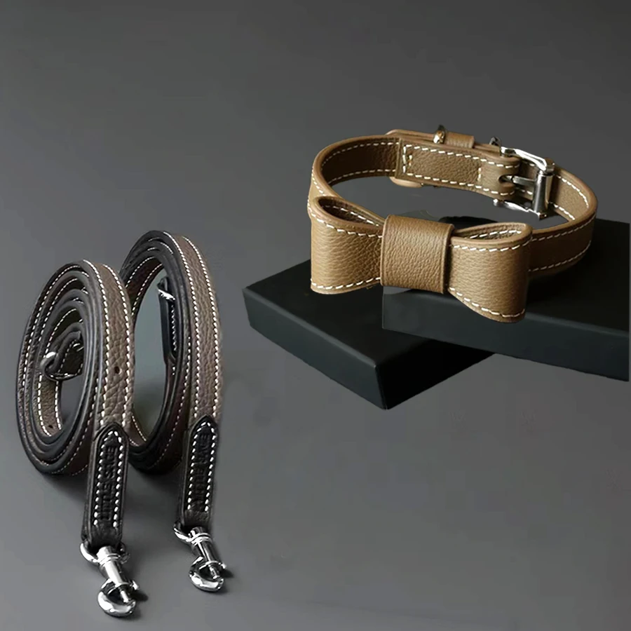 Custom Hands Free Pu Leather Carabiner Walk Belt Strap Lead 6 feet Semi Leather Dog Neck Collar Leash And Pet Tag With Bow Tie