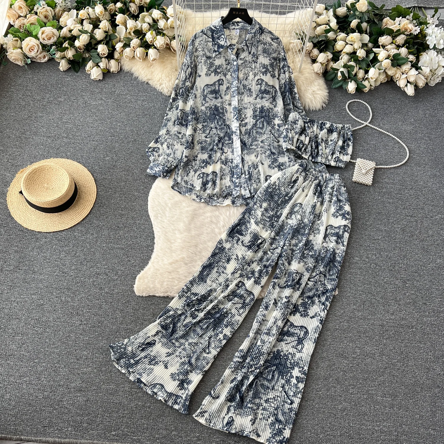 Fashion Suit Women Spring And Summer Loose Pressed Pleated Shirt Smocked High Waist Trousers 3 Pieces