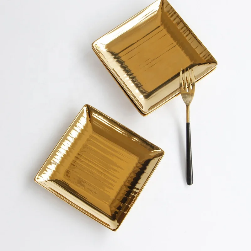 Golden Ceramic Tableware European Luxury Horizontal Pattern Square Ceramic Plate Dessert Fruit Plate Jewelry Plate Key Tray