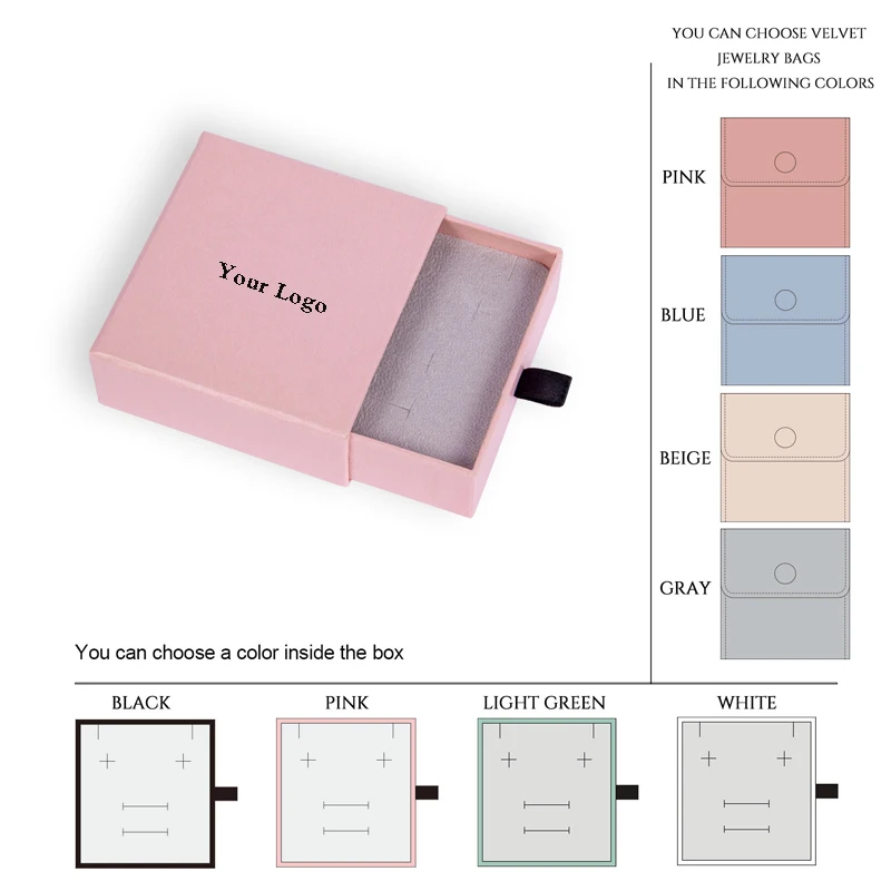 
Custom Printed Jewelry Box Personalized Logo Packaging Drawer Cardboard Box and Microfiber Jewelry Pouch Bag 