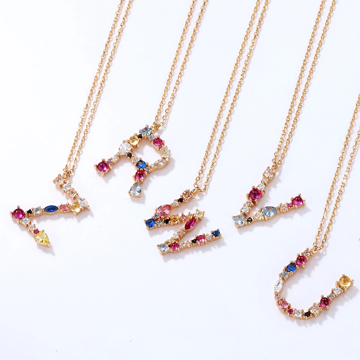 Rainbow English Alphabet R Initial Letter Necklace S925 Sterling Silver Clavicle Necklace with Color Zirconia CZ