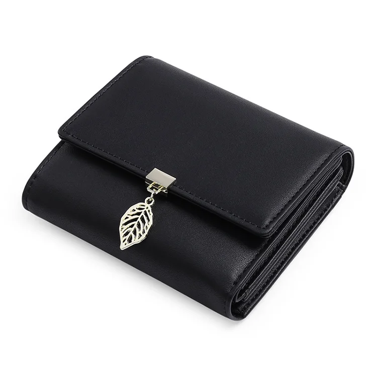 RFID anti-theft brush mini three fold credit card clip PU leather Leaf Pendant zero wallet