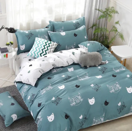 Solstice Home Textile Cyan Cute Cat Duvet Cover Pillow Case Bed Sheet Boy Kid Teen Girl Linens Bedding Set
