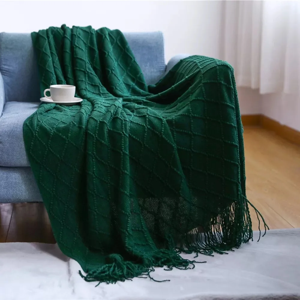 Diamond Pattern Sofa Blanket Bed Throw Blanket Solid Color Knitted Tassel Nap Blanket