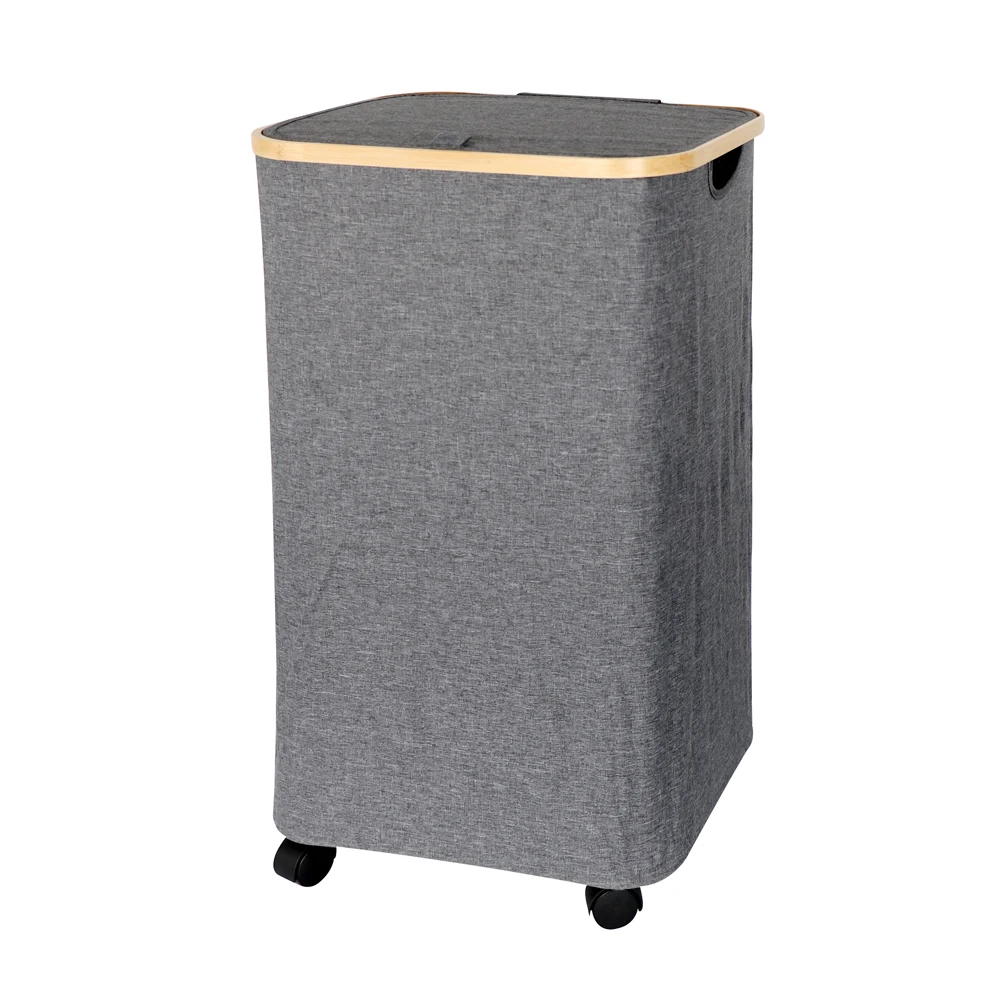 Bamboo Laundry Hamper with Lid and Wheel Water-proof Dirty Clothes Basket for Bedroom, Bathroom