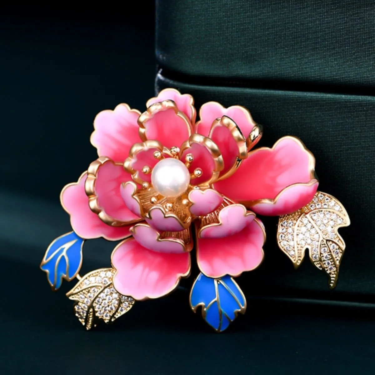 New Luxurious Peony Flower Broach Women Elegant Enamel Hand-Painted Pearl Corsage Dress Cheongsam Pin Wholesale