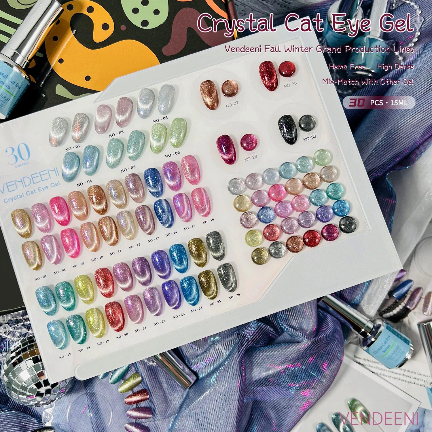 Vendeeni 15 ml magnetic cat eye gel 30 colors nail gel polish set hema free uv gel polish factory custom logo