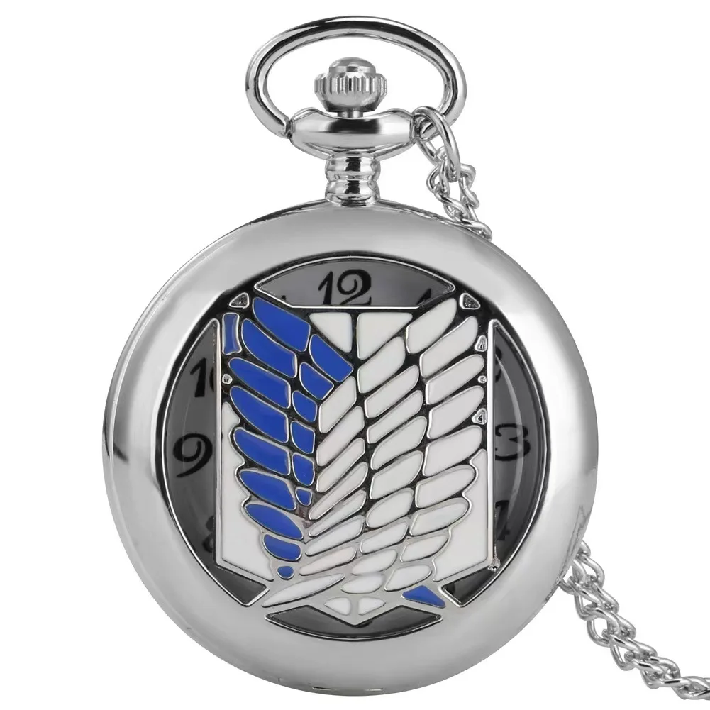 Hot Selling Pocket Watch with Fob Necklace Chain Vintage Anime Hollow Pendant  Watch Gifts Clock With Attack On Titan Wings