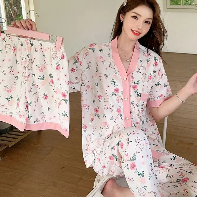 Explosive factory direct sales ice silk fabric pajamas women short-sleeved three-piece net red summer sweet loose home wear