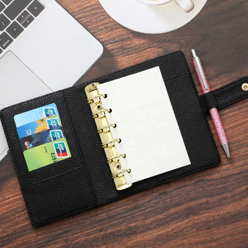 Ins Etsy FB TK Top Ranking Blue Green Black Grey Pink Beige A7 Gold 6 Ring Pebble Grain Leather Budget Binder with Gold Button