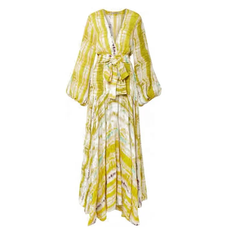 2020 Deep V Neck Boho Style Tie Dye Beach Maxi Dress