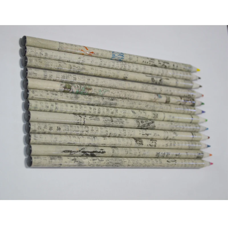 Pomotional customized logo 7 inches 12 colors recycled Chinese Newspaper pencil straight cut end for kids