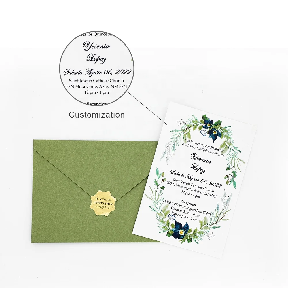Customized Unique Cheap Laser Cut Green Paper Birthday Meeting Wedding Invitation Card with Cotton Envelope & Sticker