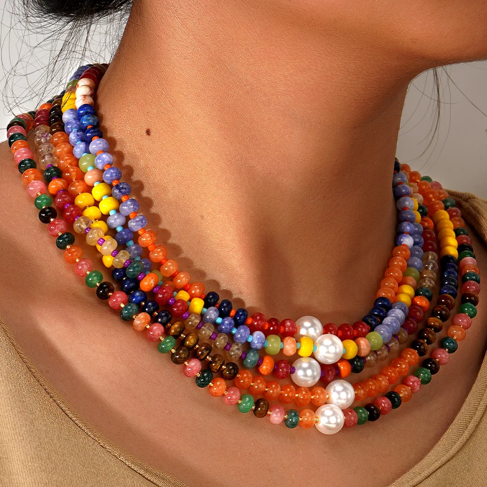 Stainless Steel Rainbow Beaded Necklace Boho Natural Gemstone Beads Necklace for Women Custom Jewelry
