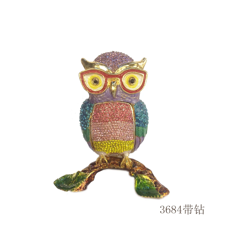 Rhinestone metal owl crystal owl figure big owl status jewelry trinket box for gifts