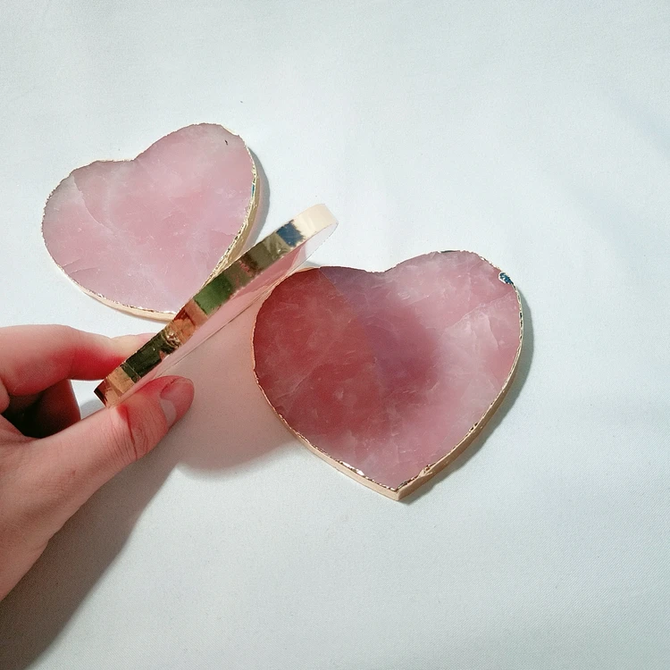 HY Rose Quartz Coaster Gold Electro Plating Square Stone Coaster 3' Drink Ware Wine Glass Pad semi-precious stone crafts