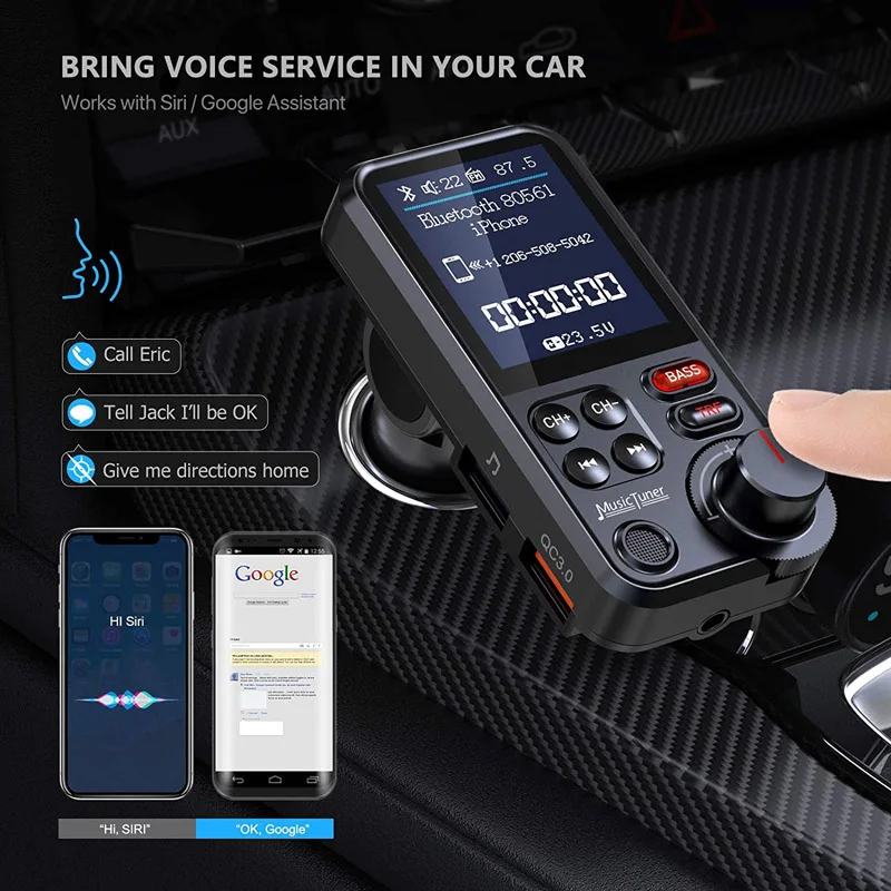 Large Color Screen Handsfree Car Kit QC3.0 Fast Charging Bass  Music Aux Audio Receiver 3.5Mm FM Transmitter Bass Car Mp3 Player