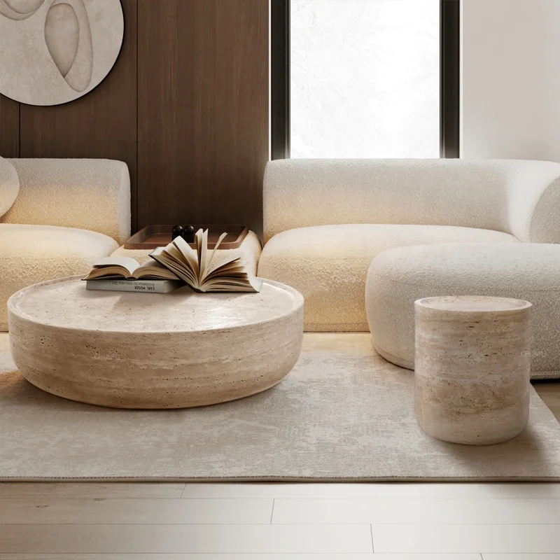 Nordic style modern minimalist home furniture round table creative living room marble beige stone travertine coffee table