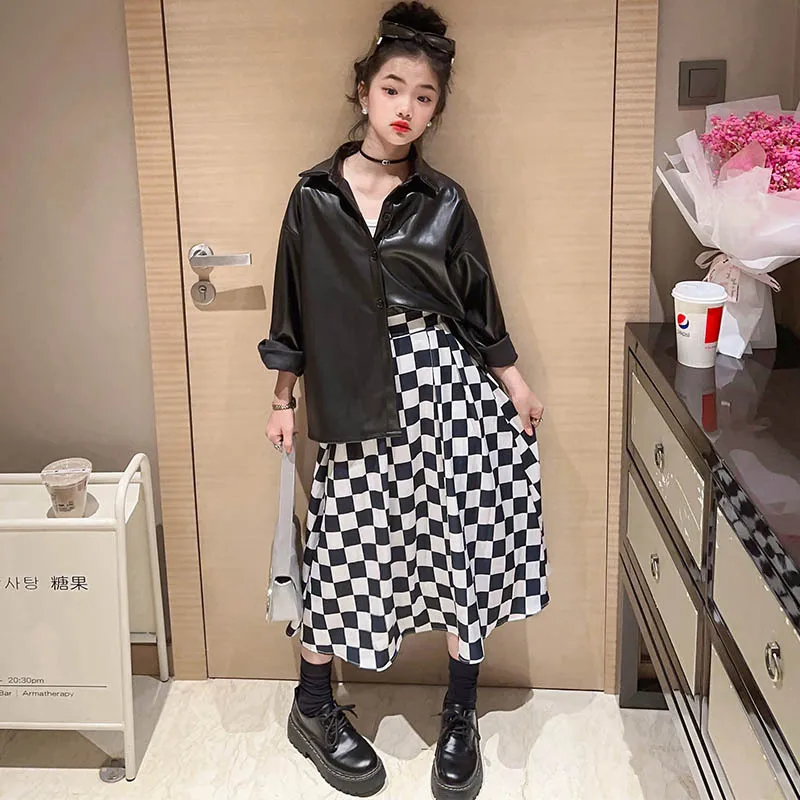 2023 New Children Girl White Black Checkerboard Print Long Skirt