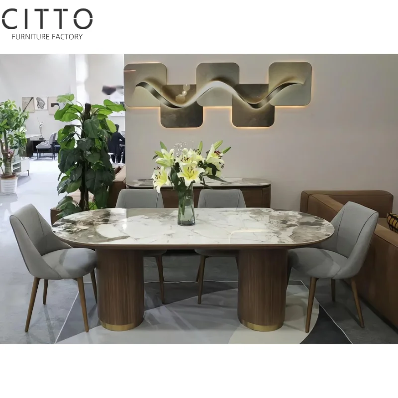 Plate Oval Table Modern Light Luxury Restaurant Household Roman Pillar Dining Table High -End Minimalist Nakajima Platform