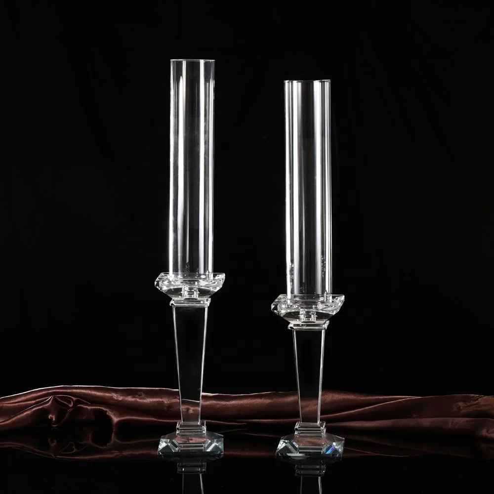Mh-y095 Tall Cylinder Glass Candle Holder Crystal Pillar Candlestick With Tube