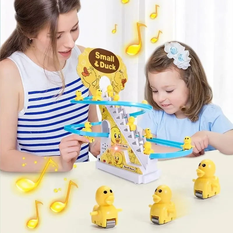 Educational toy Sliding Railway Track 9 Small Yellow Plastic Electric Ducks Climbing Stair Slot Slide Toy Set