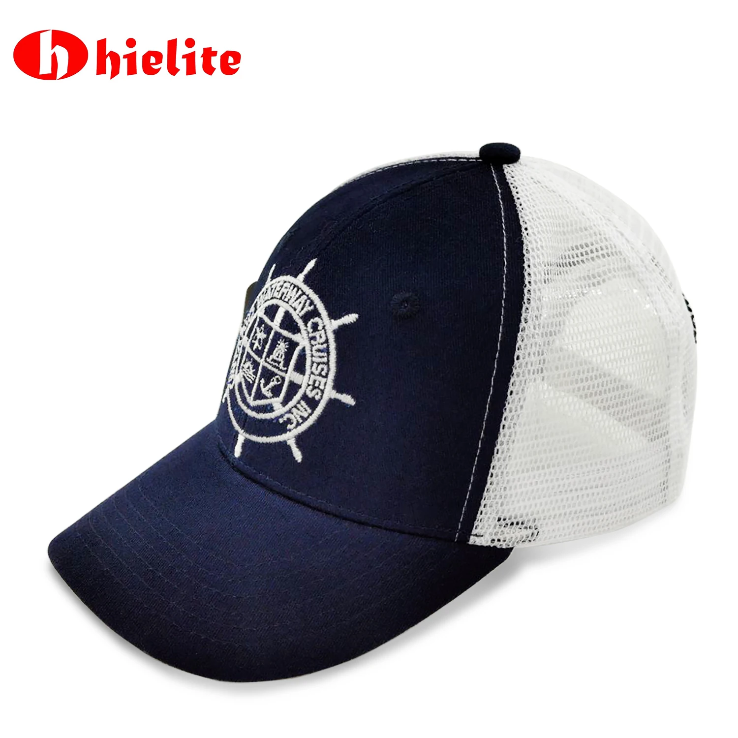 Wholesale Classic Dark blue hat with white back net summer wear hat with white embroidery snapback cap trucker