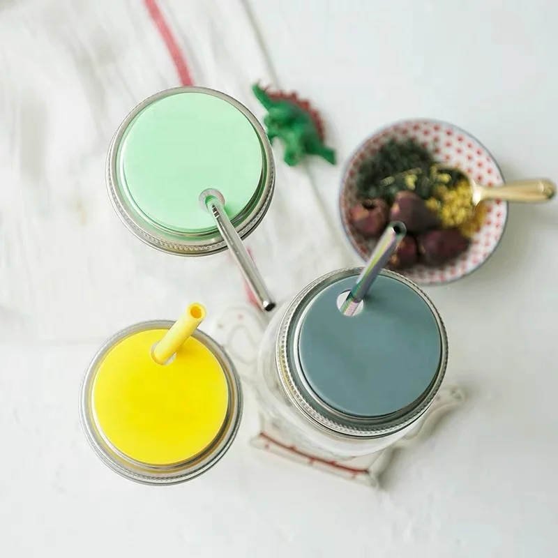70mm 86mm glass mason jar silicone lids with hole straw for drinking with stainless steel rings