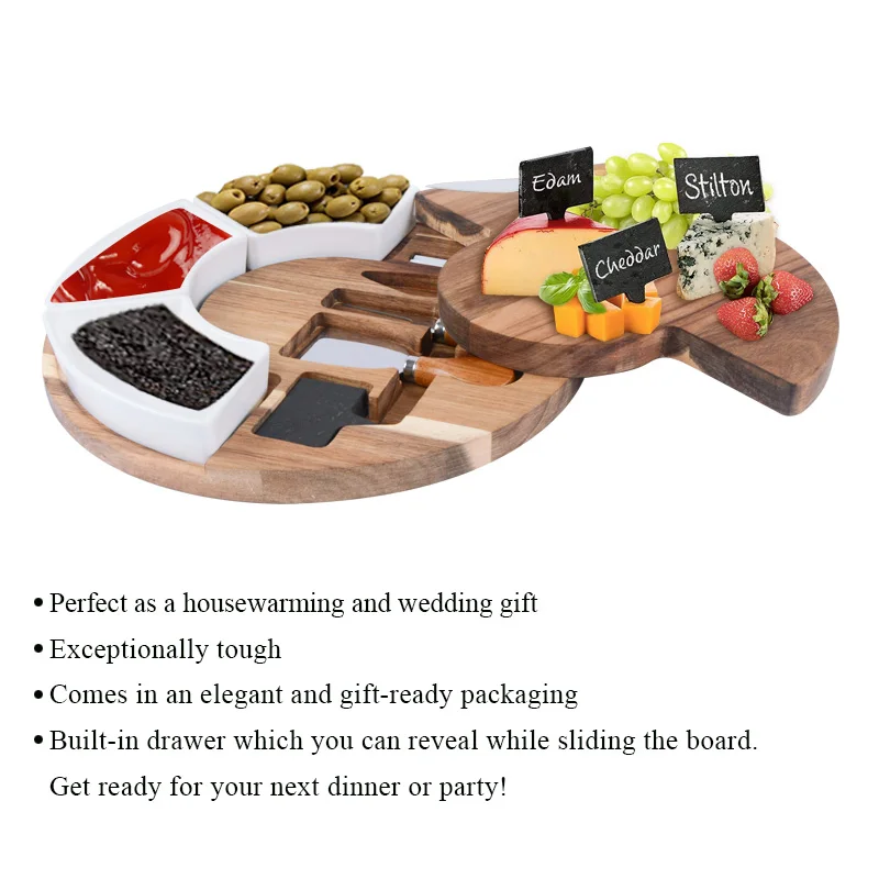 Wholesale round natural acacia wood cheese serving board with 3pcs knife fork cutlery tools and ceramic bowl