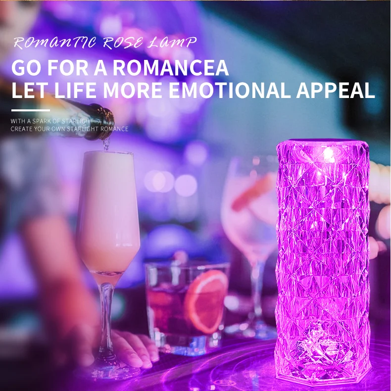Перезаряжаемая настольная лампа в виде Розы Хрустальная светодиодная барная Настольная с сенсорным датчиком приглушаемые прикроватные лампы для спальни ресторана