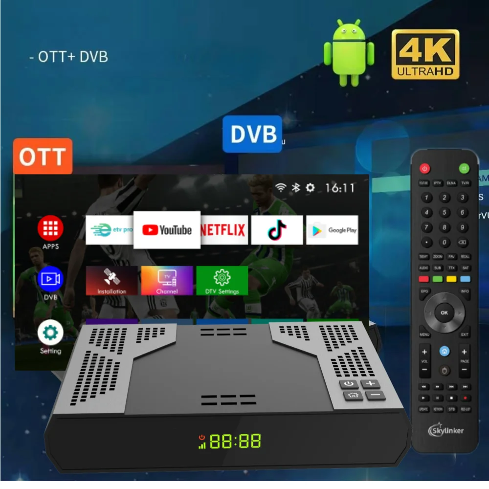 Hybrid Android 4k TV box with DVB S2 hd satellite receiver H265 2+16GB 5G Wifi OTT Set-top Box+DVB-S2 Decoder Satellite Receiver