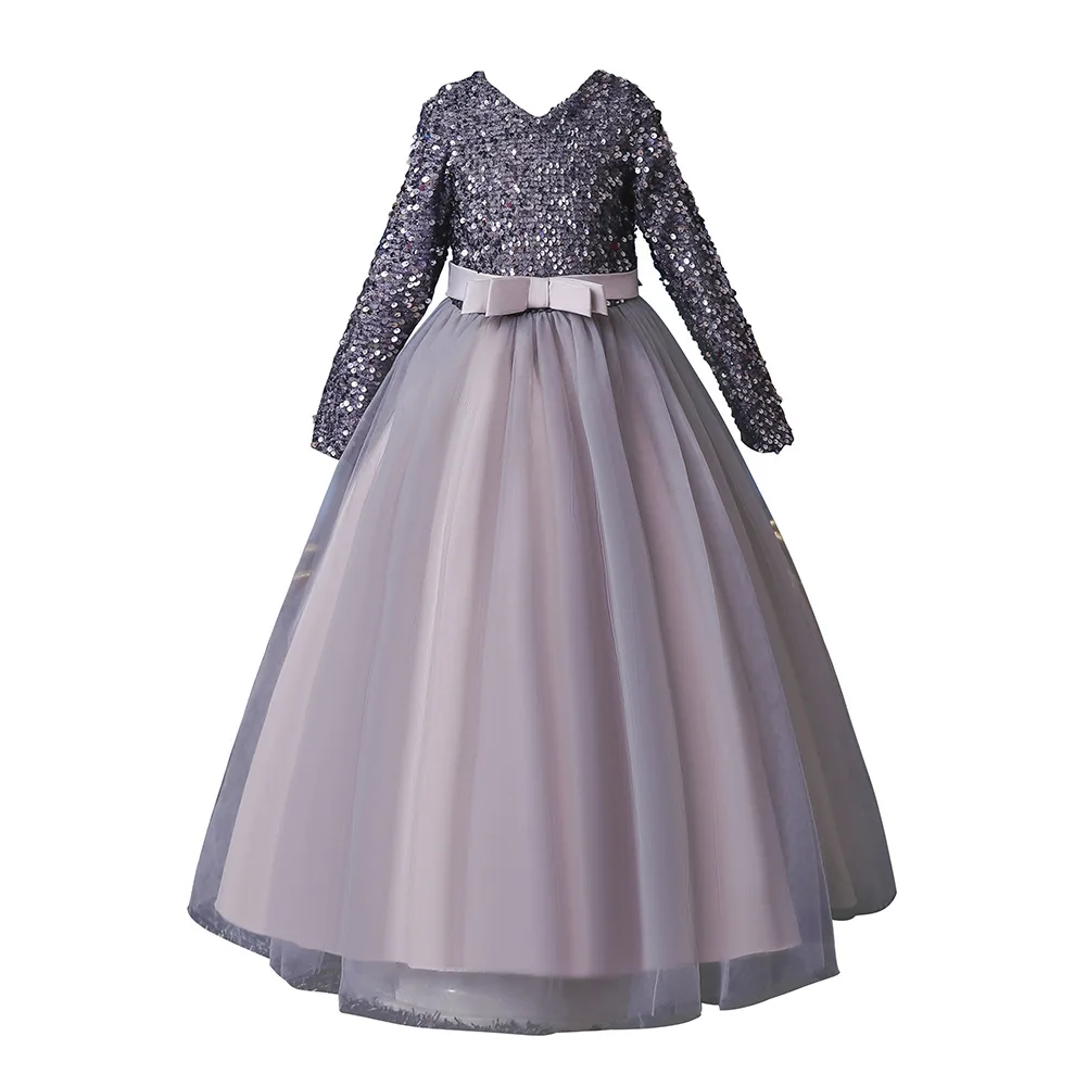 Dress Bow-tie Princess Skirt Long Lace Performance Dress Girls Dress Performance  Wear