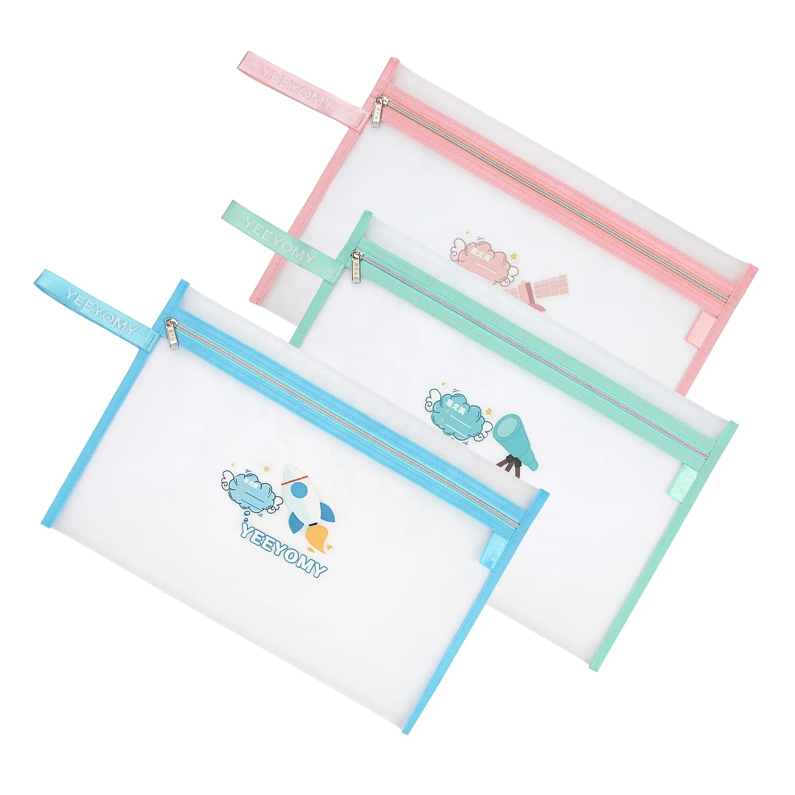 Macaron Color Mesh Zipper Pouch with Label Waterproof Puzzles Games Document Storage Bags for Office School Home Travel Cosmetic