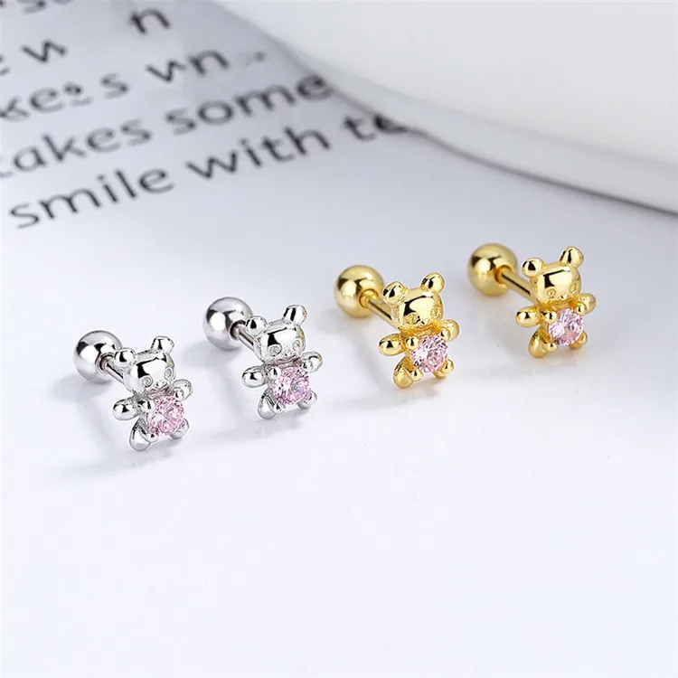 SP Women Fashion Cute Style Bling Bear Jewelry 925 Sterling Silver Pink Zircon Bear Stud Earrings
