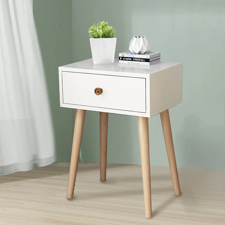 
White Storage Drawer Solid Wood Legs Bedside Table Home Furniture Nightstand Sidetable Bedroom Bedside Table 