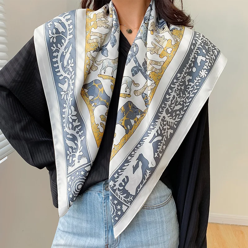 Wholesale Women  Scarf Soft Printed Square Custom Head Wrap Fashion Satin Silk Scarf