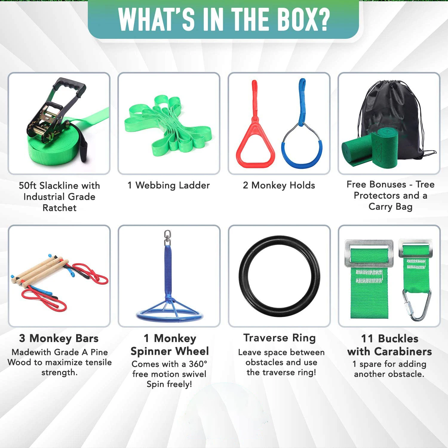 36,40,45,50,56 Feet Ninja Slackline Monkey Bar Ninja Warrior Obstacle Course For Kids Slackline