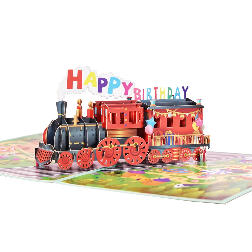 Birthday Train 3D Pop Up Greeting Cards,Happy Birthday Greeting Cards Postcards for Mom Wife Sister Boy Girl and Friends