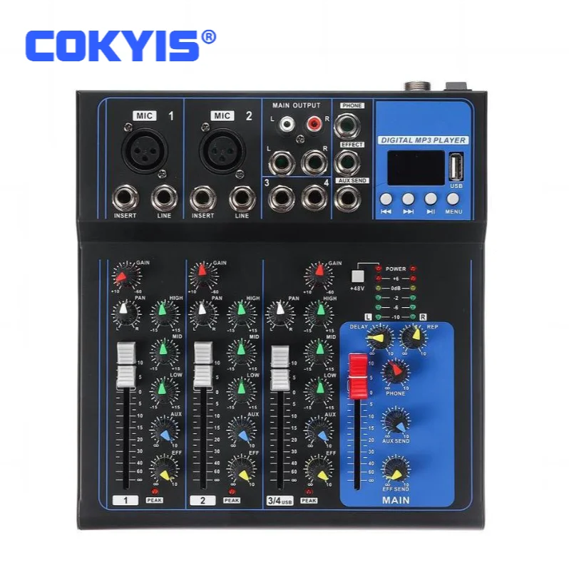 Cheap studio live audio mixer, stereo mixer de som, console with USB interface, small home karaoke stage, 4 channels