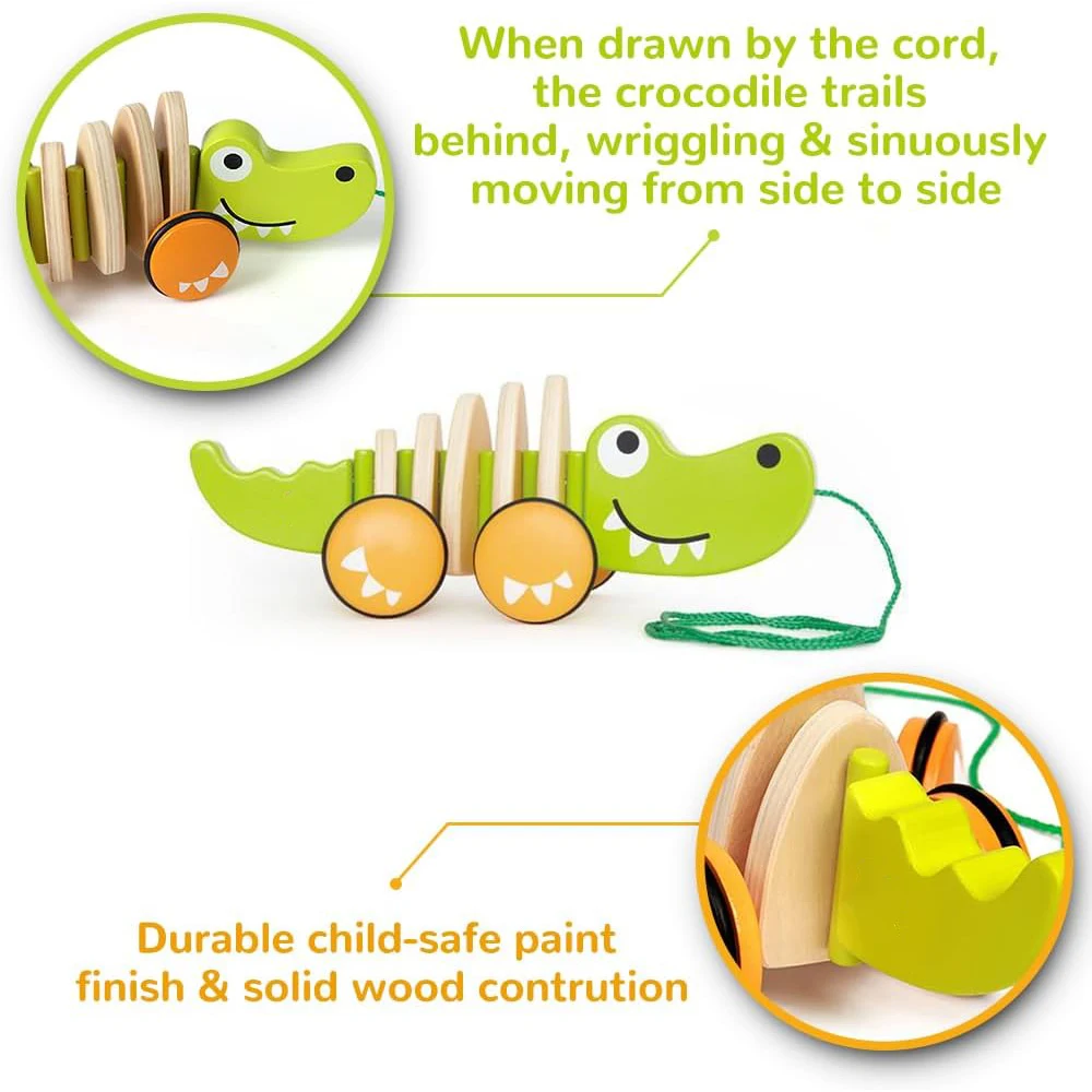 Walk-A-Long Croc Toddler Wooden Pull Along Toy Toddlers 1-3 Pull String Toy Toddler Push for Walking Pull Along Car Toys
