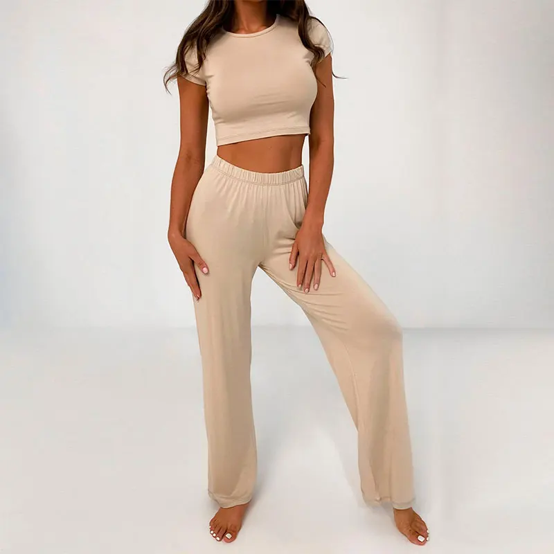 Knit Women Two Pieces Set Women Jogger Crop Top And Wide Leg Pajama Set