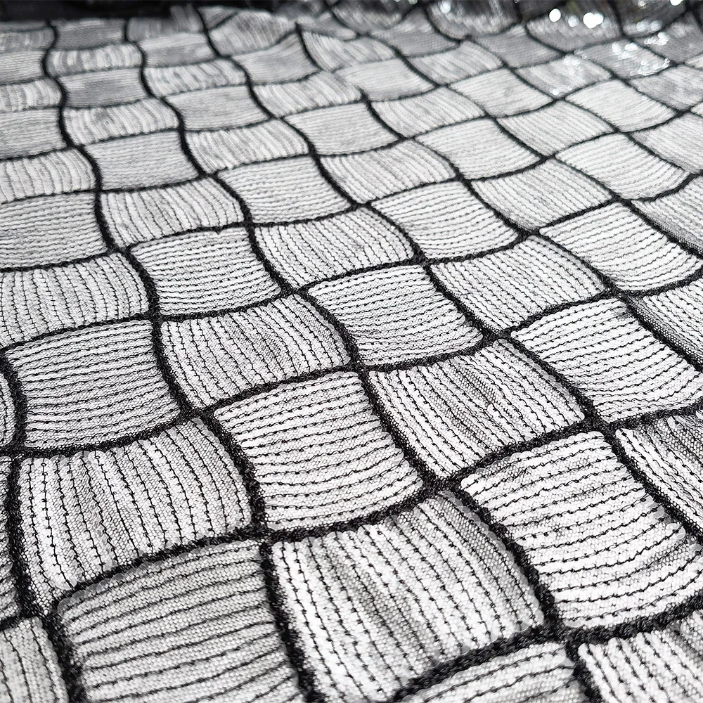 Silver Black Sequin Tube on Tulle Geometric Embroidered Lace for Disco Dress