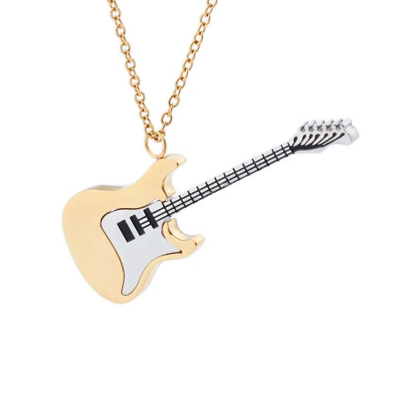 Hip Hop Jewelry Two Tone Plated Stainless Steel Musical Instrument Guitar Pendant Necklace