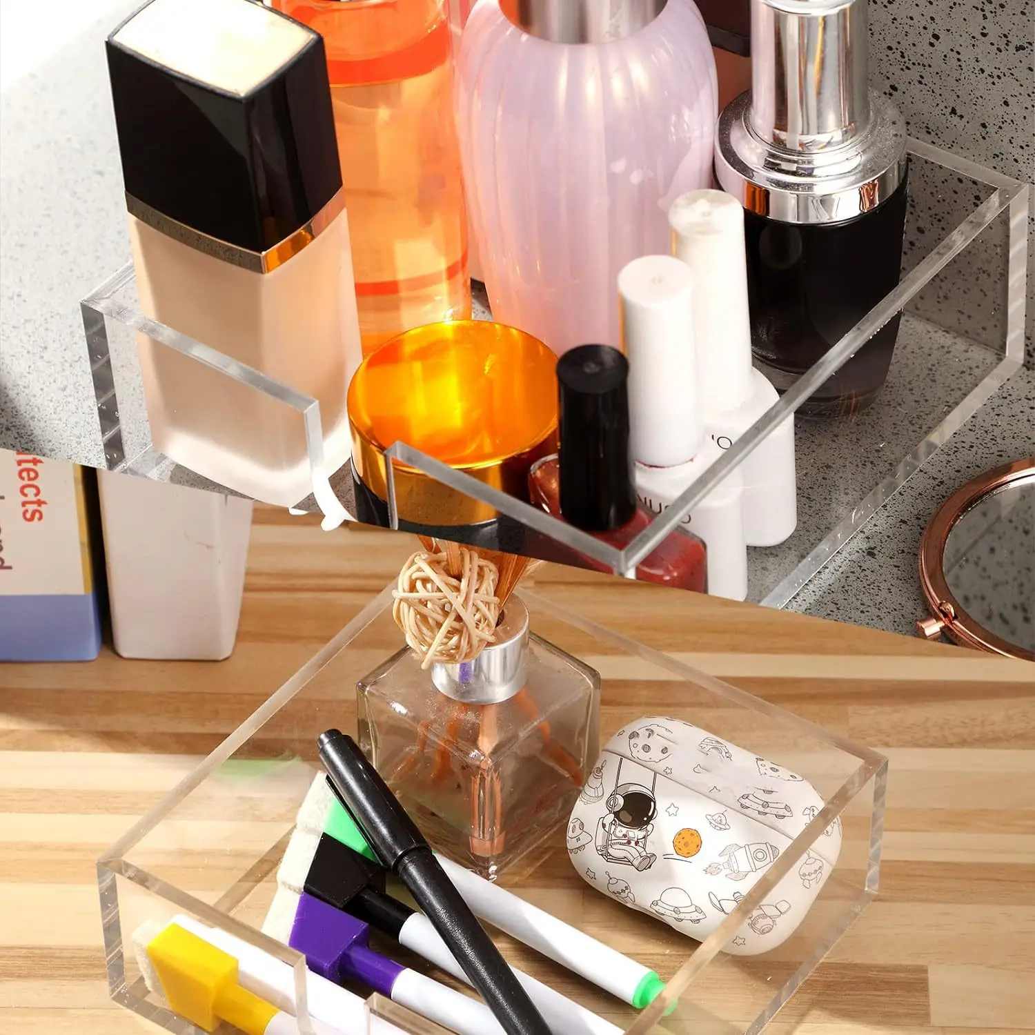 Durable Square Clear Memo Sheets Organizer Acrylic Notepad Box for Desk Accessories