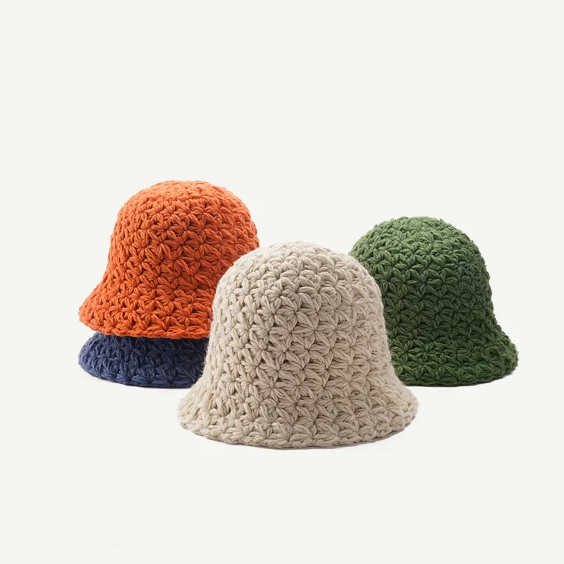 Wholesale Autumn Winter Warm Handmade Wool Crochet Flower Pattern Narrow Brim Bucket Hats For Woman