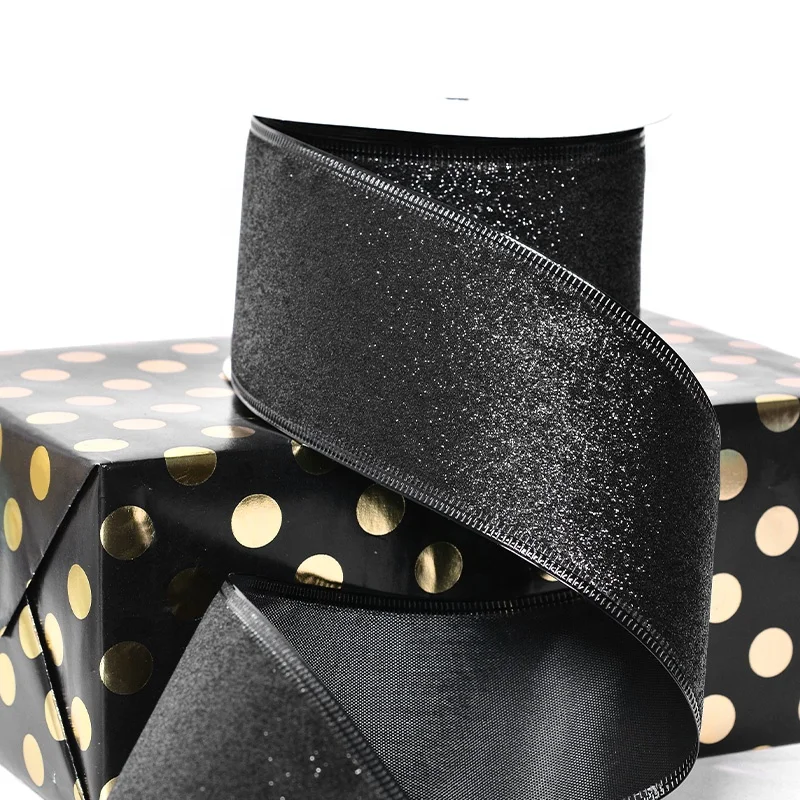 Yama Ribbon Free Sample Stock 2.5inch 63mm 10yards Christmas Wire Edge Glitter Ribbon Roll