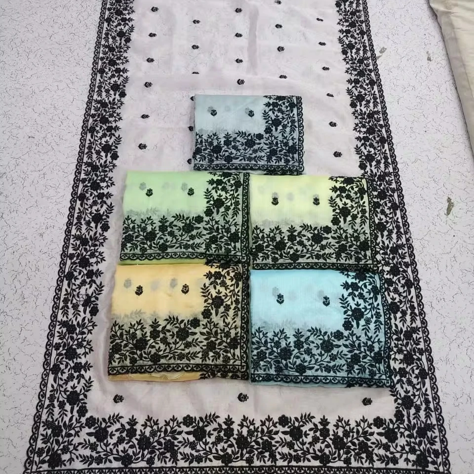 Elegant Organza Saree with Black Embroidery & Pearl Stone Work Paired with Shifali Boring Work Blouse Indian Pakistani Clothing